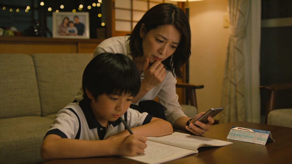 子どもと宿題をしながらスマートフォンを見つめる30代女性