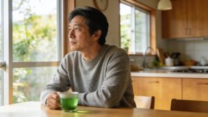 朝の食卓で湯呑みを手に窓の外を静かに見つめる40代男性。落ち着いた表情で妻の行動を考える場面。