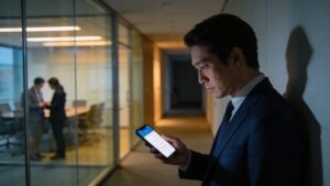 夕方のオフィス廊下でスマホのカレンダーを見つめる30代の日本人男性ビジネスマン、背景に会議室で会話する同僚2名