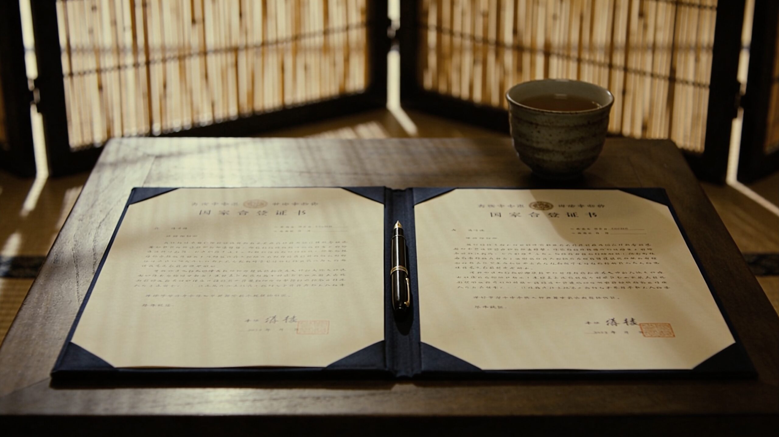 低机に並んで置かれた2通の公式書類、その間にある黒い万年筆、湯呑み、簾越しの柔らかい光。配偶者と不倫相手のどちらに慰謝料を請求するか戦略を選ぶ瞬間の象徴。