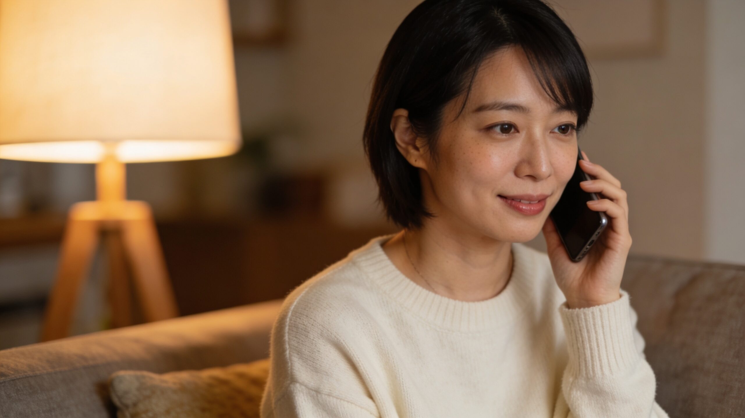 温かいランプの下、ソファで電話をかけながら穏やかな安堵の表情を浮かべる30代女性。信頼できる相手に相談する場面。