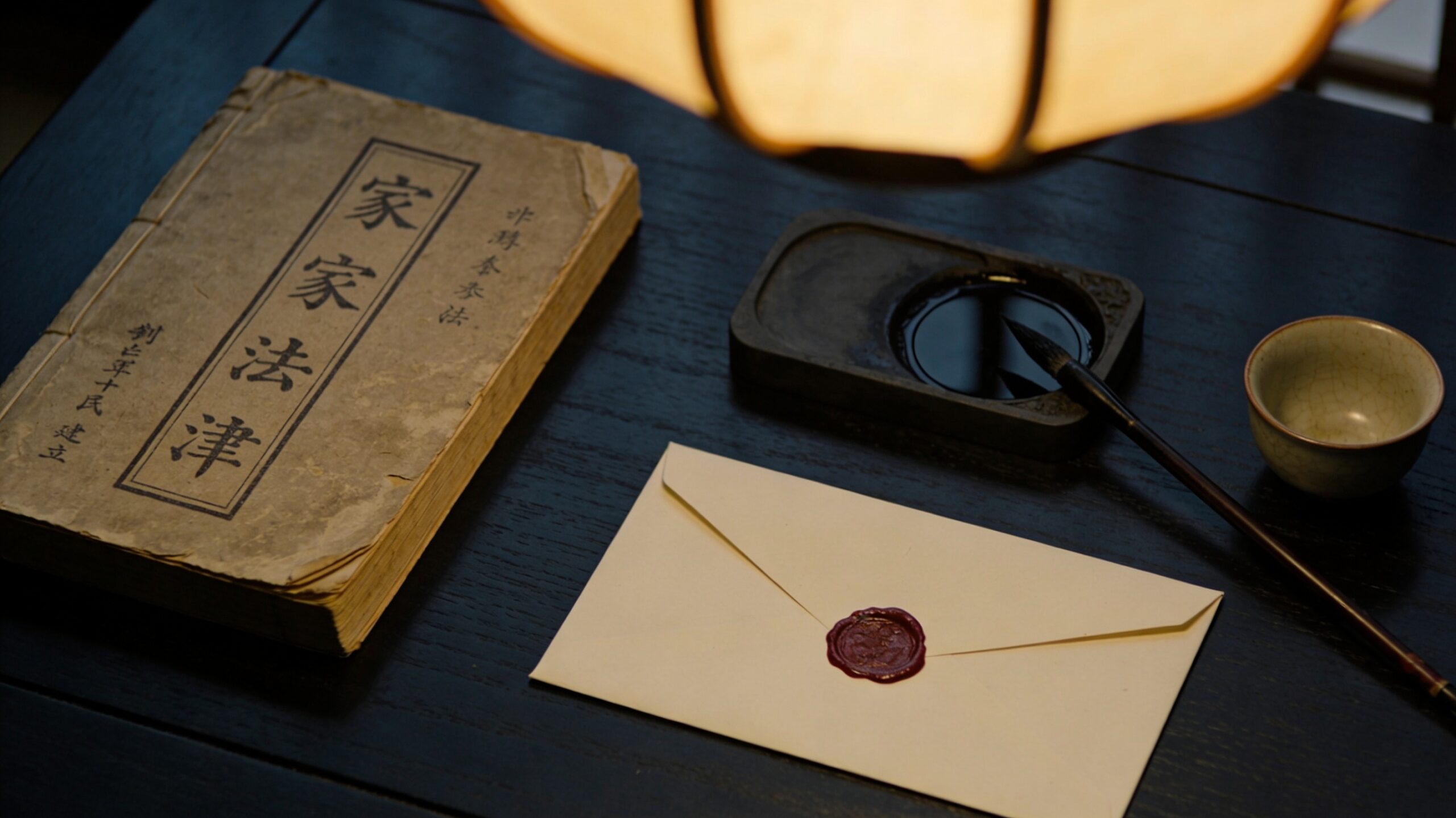 古びた家族法の専門書と硯、墨筆、赤い封蝋のついた手紙、湯呑み。男性が家族法と向き合う厳粛で慎重な瞬間を象徴。