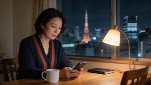 夜のダイニングテーブルでスマートフォンを見つめる40代女性