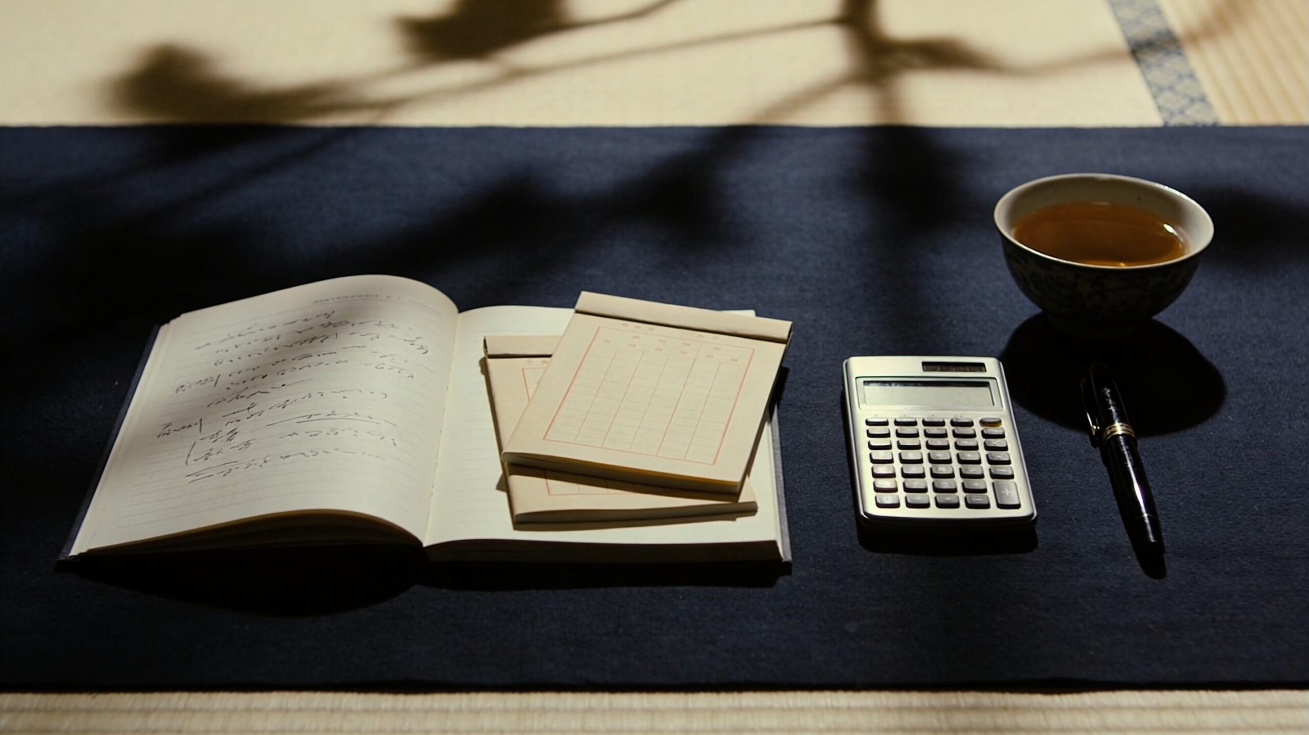 開いたノートに手書きメモ、3つの折りたたまれた見積書、ヴィンテージ電卓、万年筆、湯呑み。慎重に複数社を比較検討する場面の象徴。