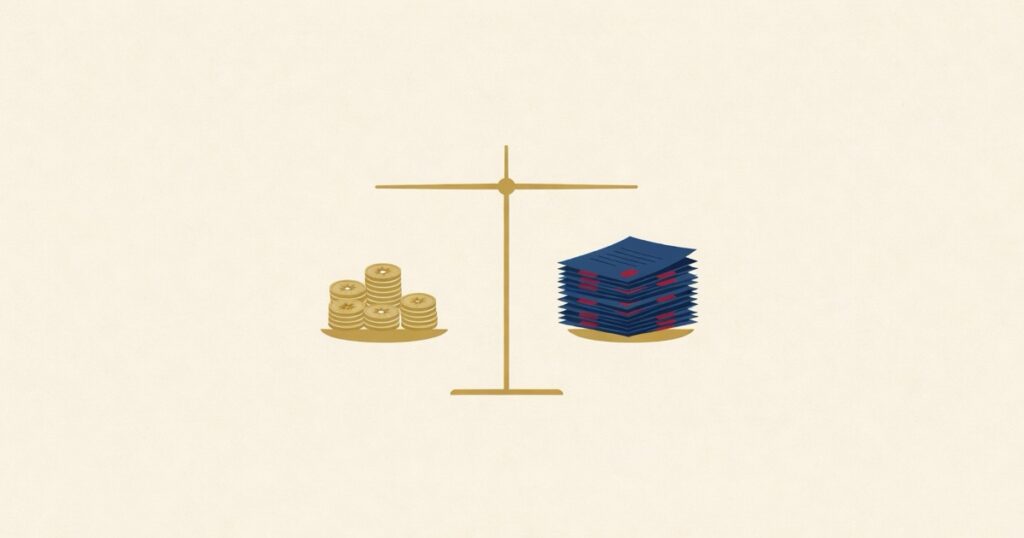 不貞慰謝料診断のイメージ：天秤・硬貨・法的書類のミニマルイラスト