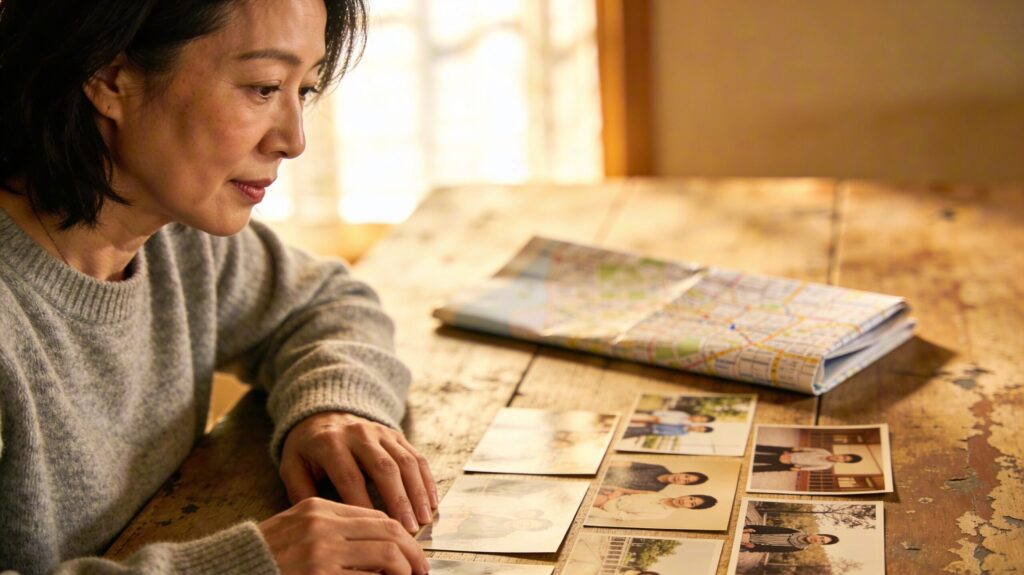 木製テーブルに広げた古い家族写真と地図を眺める40代後半の女性。優しい懐かしさを湛えた表情で人を探す場面。