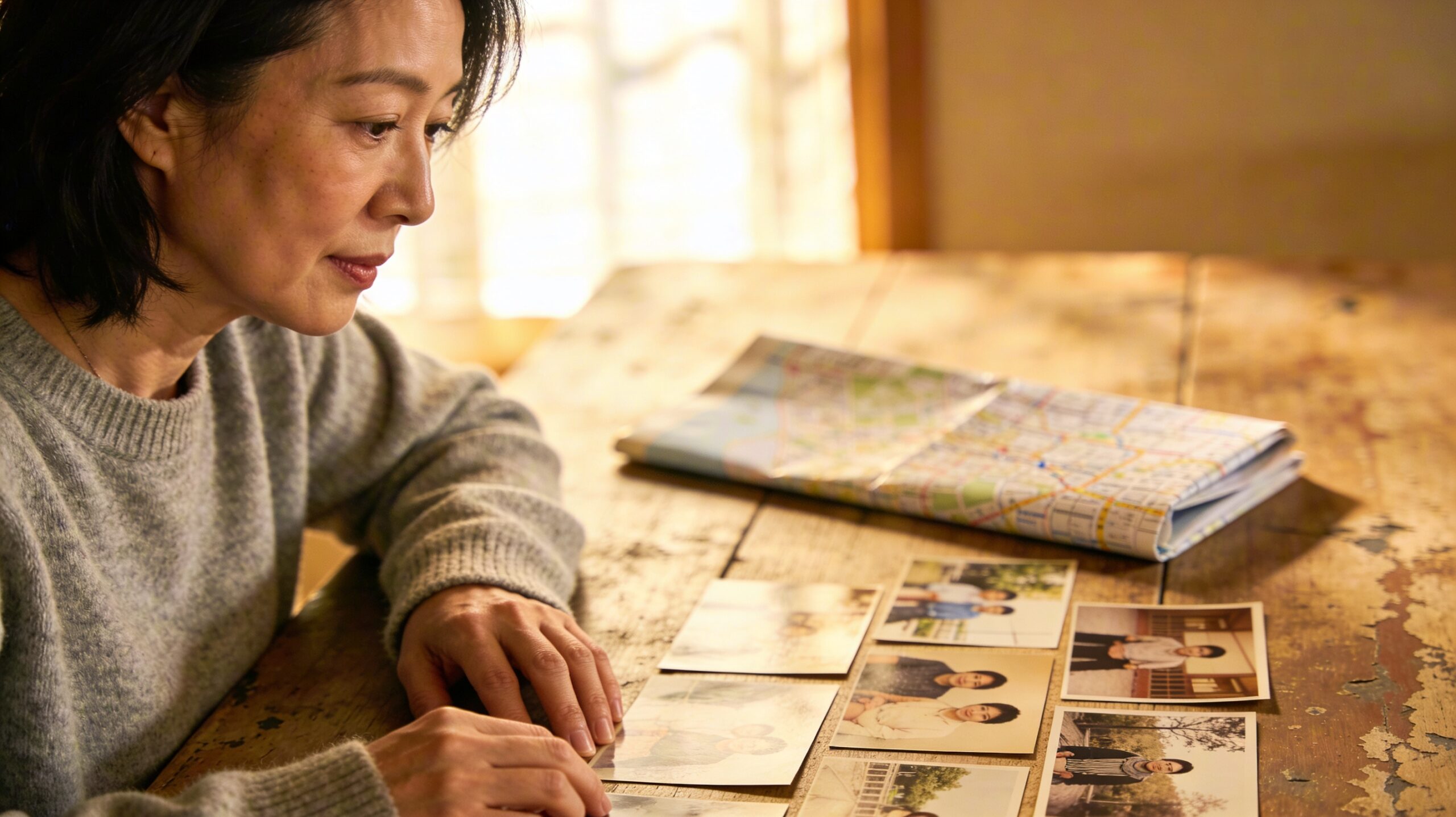木製テーブルに広げた古い家族写真と地図を眺める40代後半の女性。優しい懐かしさを湛えた表情で人を探す場面。