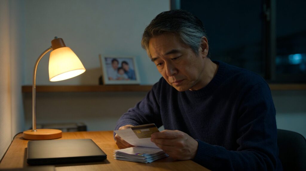 夜の書斎でクレジット明細を見つめる40代男性