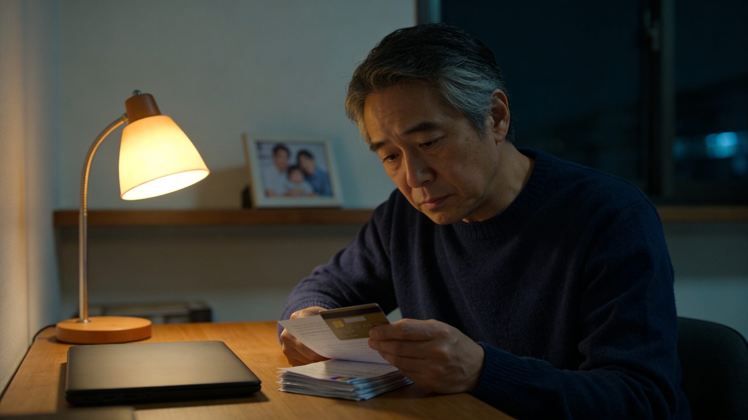 夜の書斎でクレジット明細を見つめる40代男性