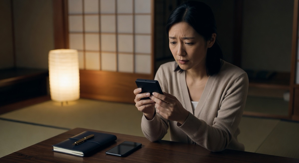 暗い和室で行燈の灯りの下、ICレコーダーを慎重に確認する女性。DV・モラハラの証拠記録を象徴するイメージ。