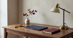 ウォルナットの机の上に置かれた閉じたノートPC、虫眼鏡、革ノート、真鍮スタンドライト、ベージュ花瓶。エディトリアルレビューの落ち着いた雰囲気を表すイメージ。