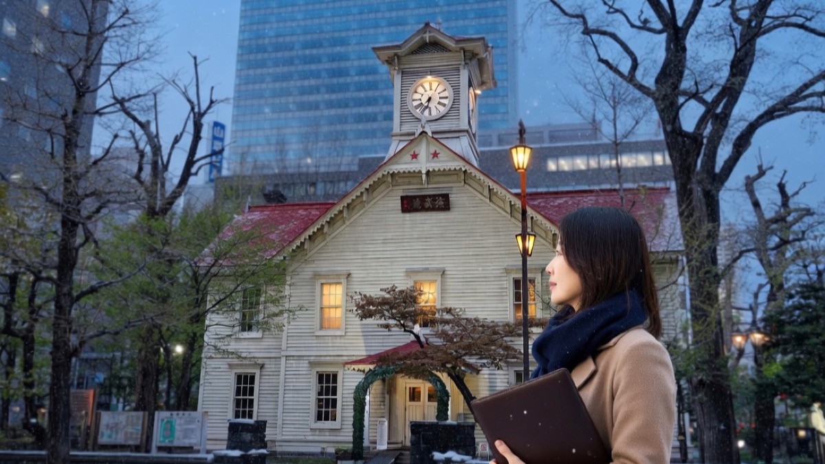 雪の積もる夕暮れの札幌時計台前でベージュコート姿の女性が革のドキュメントフォルダを抱える。北海道・札幌での探偵相談・調査を象徴するイメージ。