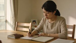 離婚協議書類を前に手帳に書き込む30代女性