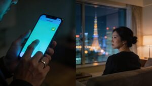 夜のリビングでスマホを操作する手と窓辺の女性のシルエット