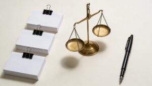 3つの白い書類束と真鍮の天秤と万年筆のミニマル現代写真。複数事務所を中立評価軸で比較する場面を象徴。